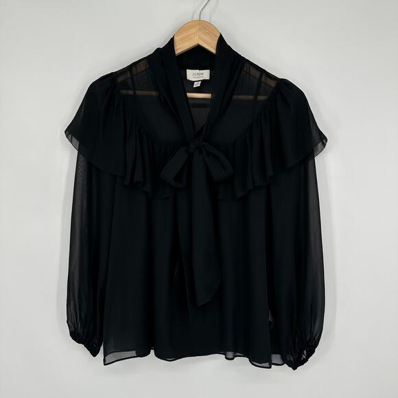 J. Crew 100% Silk Tie-Neck Chiffon Top Ruffle Semi-Sheer Long Sleeve Blouse - Picture 4 of 16